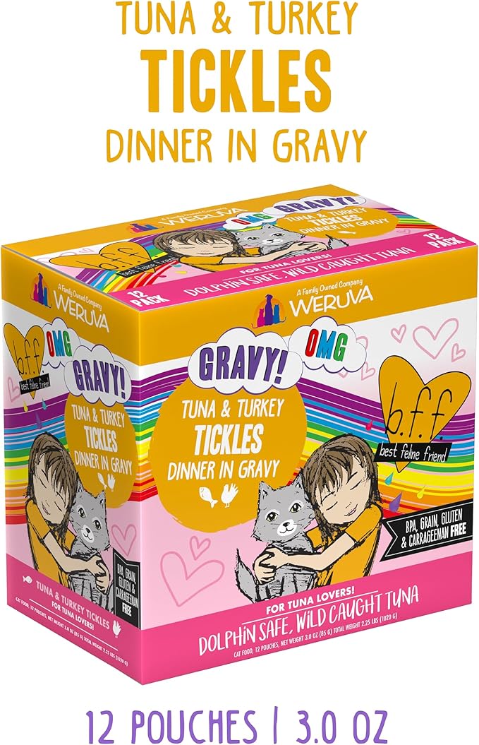 Weruva B.F.F. OMG - Best Feline Friend Oh My Gravy!, Tuna & Turkey Tickles with Tuna & Turkey in Gravy Cat Food, 3oz Pouch (Pack of 12)