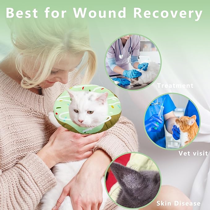 Cat Cone Collar Soft, Adjustable Cat Recovery Collar Kitten Cones to Stop Licking, Cute Donut E Collar After Surgery, Cats Neck Pillow Cone Elizabethan Cones of Shame (Waterproof Green, Small)