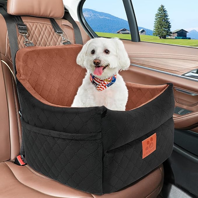 Dog Car Seat for Small/Medium Dogs, Dog Booster Car Seats with Thick Cushion for Dogs Under 35lbs, Detachable Washable Pet Car Seat with Storage Pockets, 2 Safety Belts(Black/Brown)