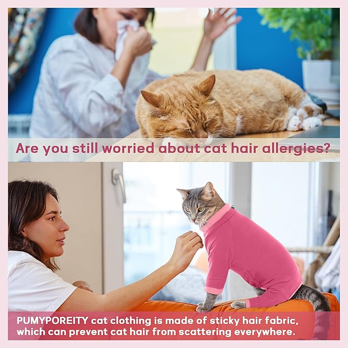 PUMYPOREITY Cat Recovery Suit, Stops Wound Licking After Surgery, Sticky Hair Shirt with Sticky Fabric, Cat Pajamas Prevents Over-Grooming, Pink, S