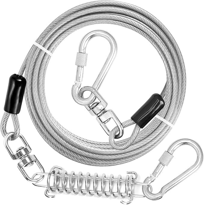 Jenico Dog Tie Out Cable - 10/15/20/30/40/50/70/100/150FT Runner Cable with Swivel Hook and Shock Spring, Outdoor and Camping Dog Leash Run Tether for Small to Medium Pets Up to 500 LBS