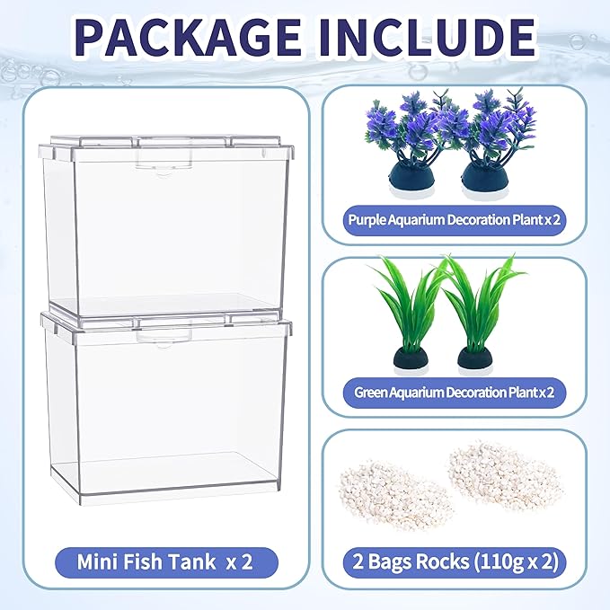 Mini Betta Fish Tank, Small Fish Bowl for Temporary Space, 0.2 Gallon Stackable Cube Tank with Artificial Plants and Gravels for Small Fish, Insect, Shrimp, Crab, Spider. (Pack-2)