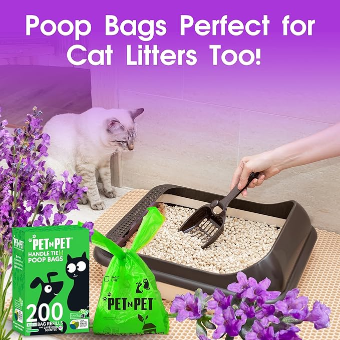 Pet N Pet 200 Counts Lavender Scented Dog Poop Bags Rolls with Tie Handles, 38% Plant Based & 62% PE Poop Bags for Dogs, Extra-Thick Doggie Poo Bag, Pet Waste Bag