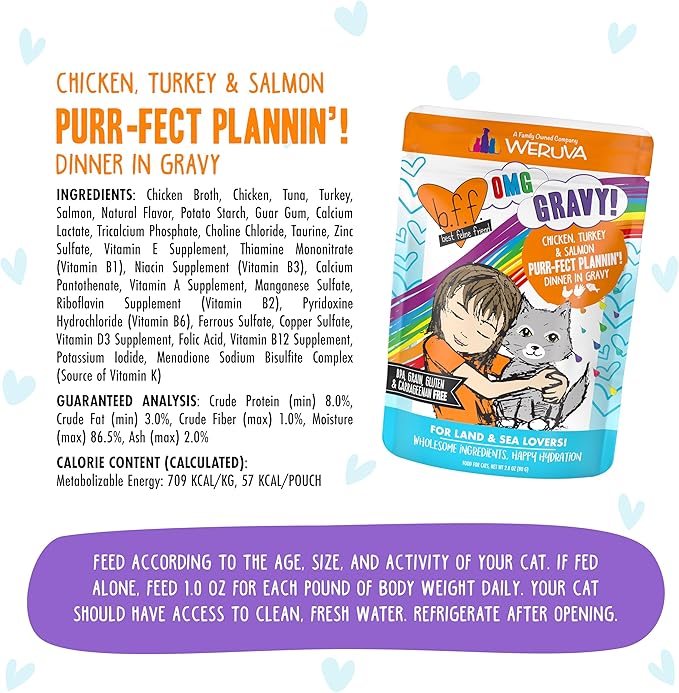 Weruva B.F.F. OMG - Best Feline Friend Oh My Gravy!, Purr-FECT Plannin'! with Chicken, Turkey & Salmon in Gravy Cat Food, 2.8oz Pouch (Pack of 12)