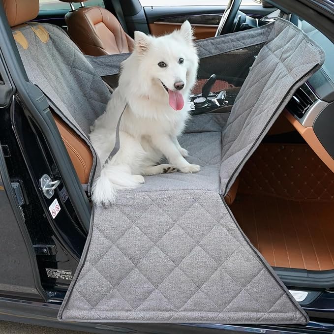 Dog Car Seat for Small/Medium Dogs with Door Protection – Full Coverage Pet Booster Seat with Mesh Window, Zippered Side Flaps, Safety Buckle, Grey Linen Fabric