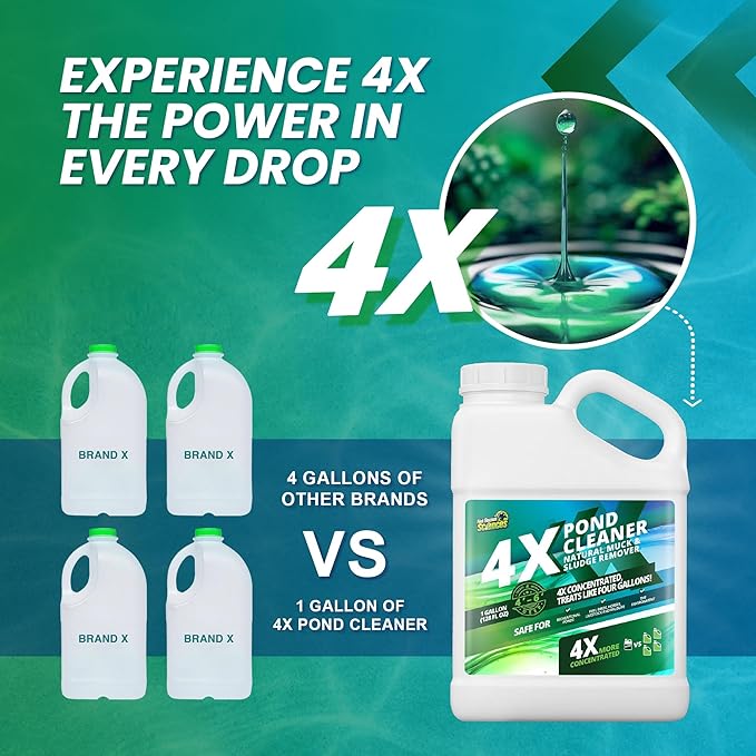 1 Gallon 4X Pond Cleaner - Treats Like 4 Gallons & Covers 4 Acres - Pond Cleaner for Outdoor Ponds, Pond Muck and Sludge Remover for a Clean, Natural Look, Ideal Pond Clarifier for Outdoor Ponds