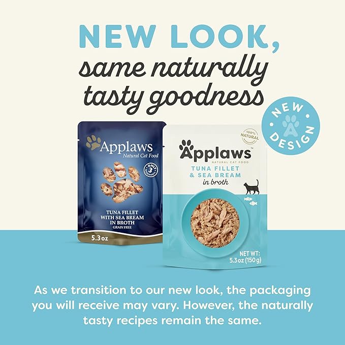 Applaws Natural Wet Cat Food in Broth, Limited Ingredient Wet Cat Food Pouches, No Additives, Made with Natural Ingredients, Tuna Fillet with Seabream in Broth (12 x 5.3oz Pouches)