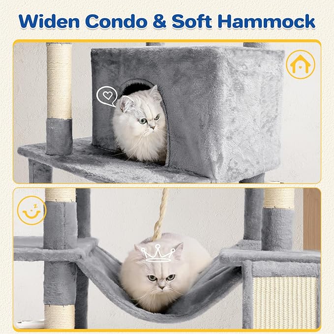 Cat Tree Tower 63in Multi-Level Cat Tower for Indoor Cats with Sisal Scratching Posts, Condo, Hammock, Dangling Ball and Extended Platform for Cats to Play, Light Grey