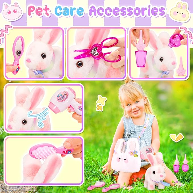 Easter Bunny Toys for Kids with Crossbody Bags, Easter Basket Stuffers Interactive Hopping Wiggle Ears Rabbit Toy, Pretend Play Robot Pet Care Cute Stuff for Girls Trip Plushies Birthday Gifts