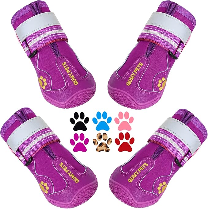 QUMY Dog Shoes for Large Dogs, Medium Dog Boots & Paw Protectors for Winter Snowy Day, Summer Hot Pavement, Waterproof in Rainy Weather, Outdoor Walking, Indoor Hardfloors Anti Slip Sole Purple Size 2