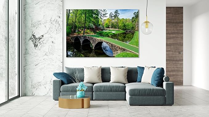 Nature Wall Art Prints - Ocean Forest Mountain Lake Canvas Landscapes - Small to Extra Large Living Room Bedroom Kitchen Bathroom Décor (Golf Course with Stone Bridge, 28L" x 41W")