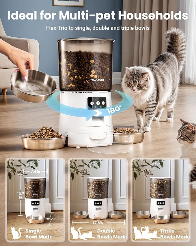 Automatic Cat Feeder for 3 Cats, 6L/25 Cups Smart WiFi Pet Feeder, Strong Anti-Jam System, Dual-Effect Desiccant Cat Food Dispenser, with 10S Voice Recorder for Cats and Small Dog(White)