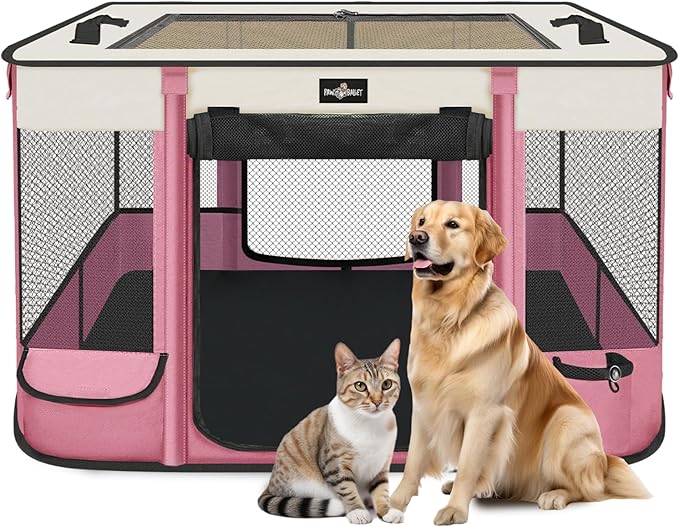 Foldable Pet Kitten Playpen, Upgrade Waterproof Portable Cat Dog Playpen Kennel Tent for Small Dog Cat, Removable Shade Cover, Come with Free Carrying Case, Indoor Outdoor Use for Small Pet, Pink