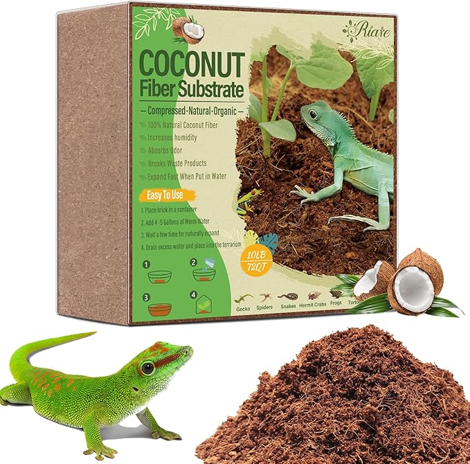 Riare 10LBS Natural Coconut Fiber Substrate for Reptile- Premium Compressed Coconut Husk Terrarium Bedding for Reptile, Tortoise, Frogs, Snakes, Hermit Crabs, Burrowing Animals