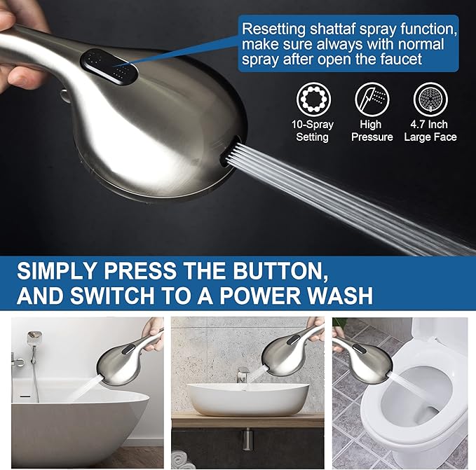 High Pressure Handheld/Rain 82-mode 3-way Shower Head Combo with 25.75" Adjustable Drill-free Stainless Steel Slide Bar, Pet & Tub Power Wash and Anti-clog Nozzles, with 5ft Hose - Brush Nickel
