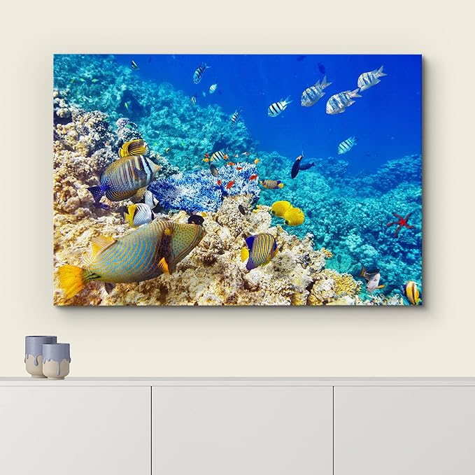 wall26 Canvas Print Wall Art Underwater Neon Blue Teal Ocean Water Fish Nature Animals Photography Realism Rustic Scenic Landscape Wilderness Earth for Living Room, Bedroom, Office - 12"x18"