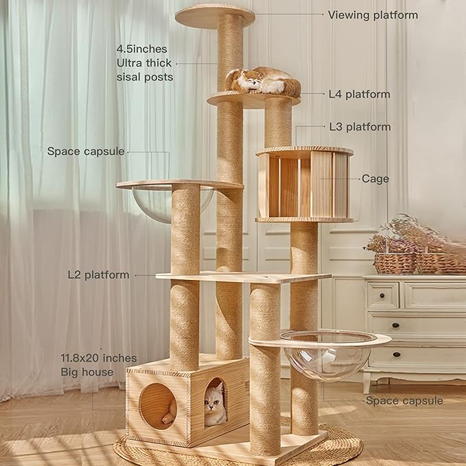 Modern Multi-Level Large Real Solid Wood Cat Tree, Luxury Wooden Cat Tower Cat Condo with Multi-Layer Platform for Indoor Cats