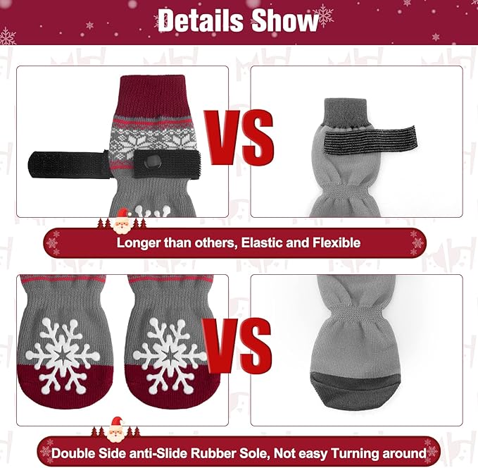 BEAUTYZOO Christmas Winter Anti-Slip Dog Socks with Grips Traction Control for Small Medium Large Dogs, Non Skid Indoor Double Side Pet Paw Protector for Hardwood Floor Wear, Snowflake L