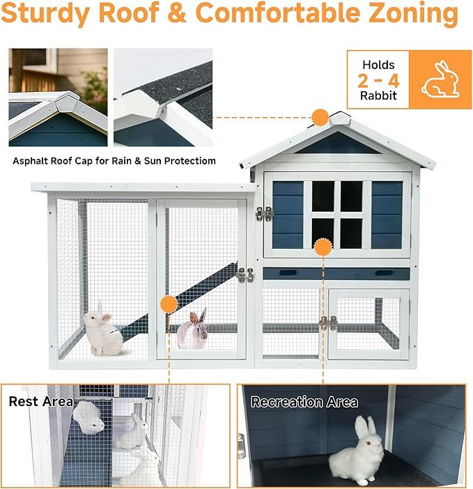 GARWOOD Large Outdoor Indoor Rabbit Hutch Wooden Bunny Rabbit Cage 2-Story with Run No-Leak Pull-Out Tray Waterproof Asphalt Roof Ramp for Guinea Pig Small Animal Wood Pet House Home Blue White