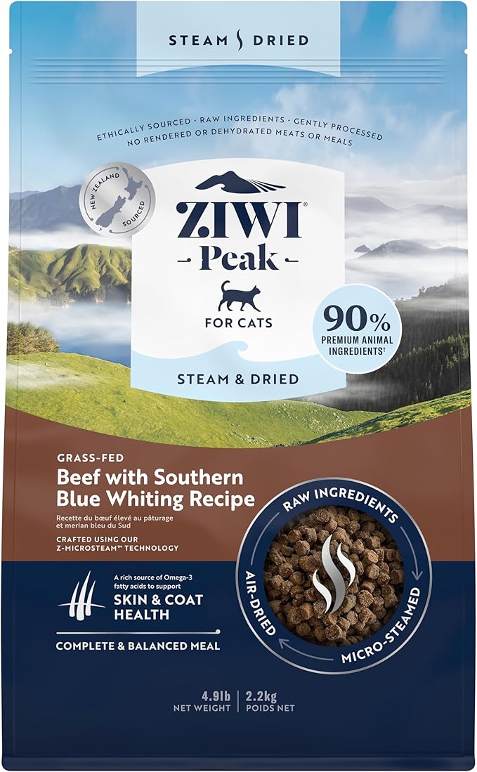 ZIWI Peak Steam & Dried Cat Food – Beef w/Southern Blue Whiting Fish - High Protein, Skin & Coat Health, Low Carb, for All Life Stages (78.4oz)
