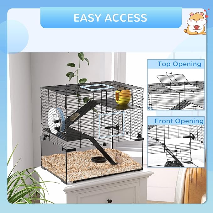 PawHut Large Hamster Cage with Deep Tempered Glass Bottom, 3 Tiers Hamster Tank with Running Wheel, Hut, Water Bottle, Dish, Rat Cage for Syrian, Dwarf, Gerbils, Mouse, 23.5" x 16" x 22.5", Black