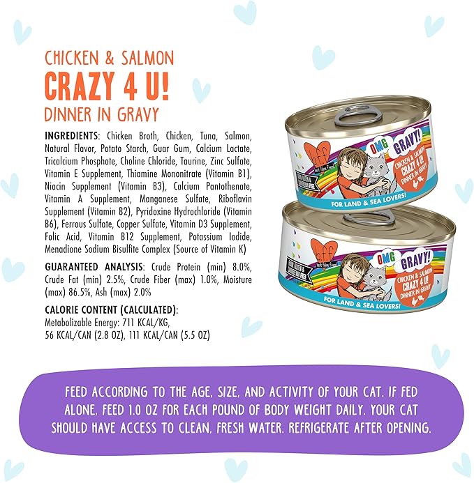 Weruva B.F.F. OMG - Best Feline Friend Oh My Gravy! Grain-Free Wet Cat Food Cans, Crazy 4 U! Chicken & Salmon, 2.8oz Can (Pack of 12)