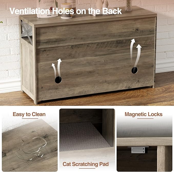 Cat Litter Box Enclosure for 2 Cats, 47" Double Hidden Litter Box Furniture with Scratch Pad, Farmhouse Indoor Litter Box Cabinet Cat Washroom, Grey