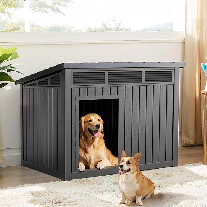 VIXZEN Dog House Indoor Outdoor,Waterproof Dog House for Small to Large Dogs,Doghouse with Air Vents and Elevated Floor,Openable at The Top,Easy to Assemble and Clean,Black,42.87"×32.95"×31.61"