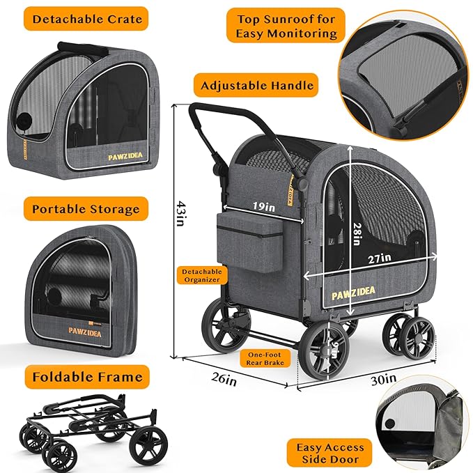 PAWZIDEA Dog Stroller for Large Dogs, Pet Stroller with Detachable Carrier for Portable Dog Crate for Car Seat, Foldable Dogs Jogger Strollers, All Terrain 9” Wheels, Adjustable Handle, Up to 80lbs