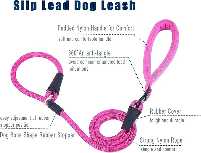 Slip Lead Dog Leash，Strong Nylon Rope Leash and Padded Handle,No Pull Outdoor Walking Training Lead for Small Medium Large Dogs(Fuchsia,1/2"×4ft)