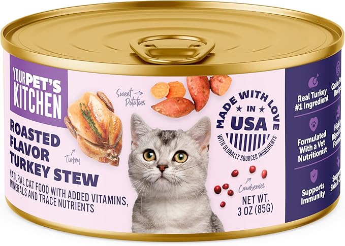 YOUR PET'S KITCHEN Canned Wet Cat Food, Roasted Flavor Turkey Stew - 3 oz Cans (Pack of 24), Made in The USA with Real Turkey
