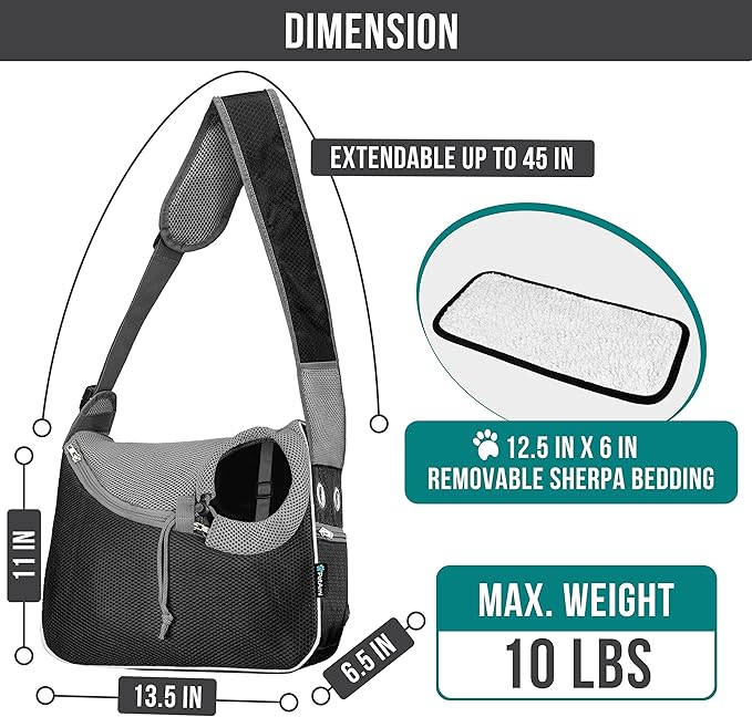 PetAmi Small Dog Sling Carrier, Soft-Sided Crossbody Puppy Carrying Purse Bag, Adjustable Sling Pet Pouch to Wear Medium Dog Cat Travel, Dog Bag for Traveling, Poop Bag Dispenser, Max 10 lbs, Black