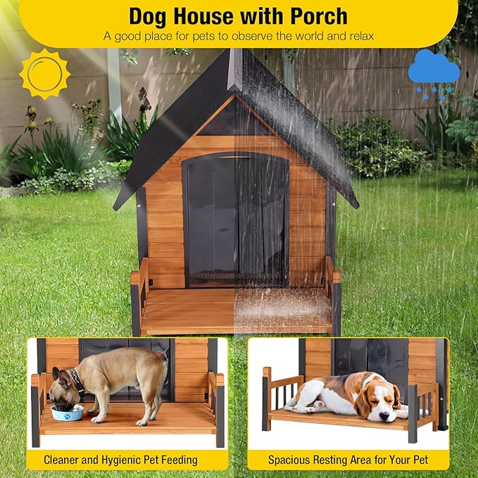 Outdoor Dog House with All-Around Insulated Liner Weatherproof Puppy Shelter Indoor Dog Kennel, Anti-Bite Dog Home for Large Breed with Porch (Brown, Large)