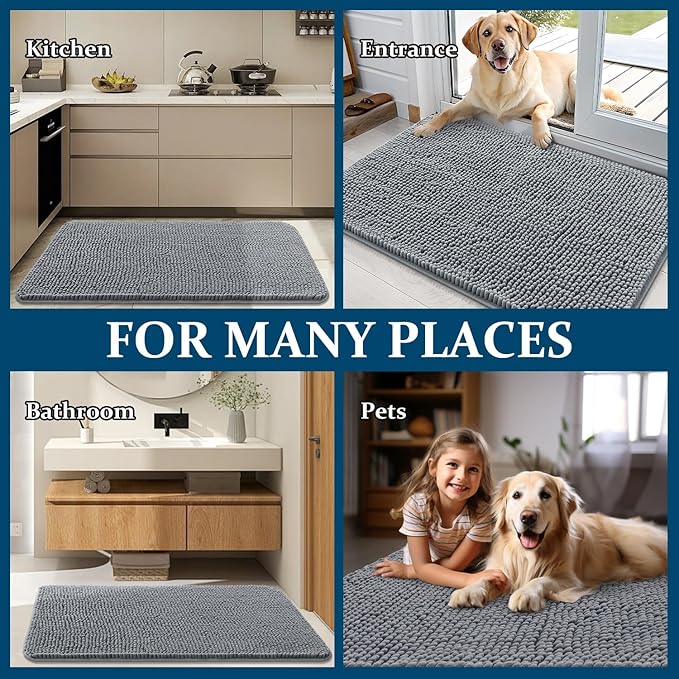 OLANLY Dog Door Mat Set 2-Piece 36x24, Absorbs Moisture and Dirt, Absorbent Non-Slip Washable Doormat, Quick Dry Chenille Mud Mat for Dogs, Entry Indoor Entryway Carpet for Inside Floor, Grey