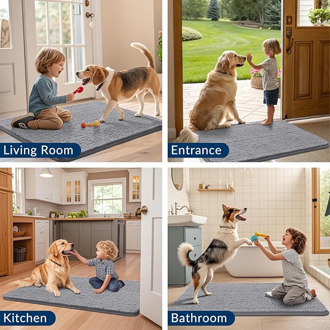 Smiry Dog Door Mat for Muddy Paws 44x32, Absorbs Moisture and Dirt Doormat, Non-Slip Washable Quick Dry Chenille Front Door Mat Indoor Entrance, Entryway Carpet for Inside Floor, Grey