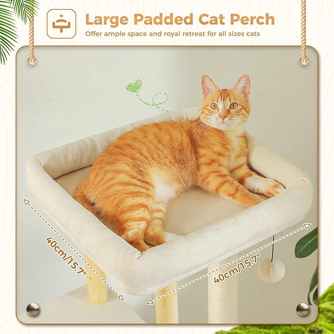 PAWZ Road Large Cat Tree, 53 Inches Modern Wooden Cat Tower for Indoor Large Cats, Multi-Level Cat Condos with Long Scratching Posts and Natural Wood Posts-Beige