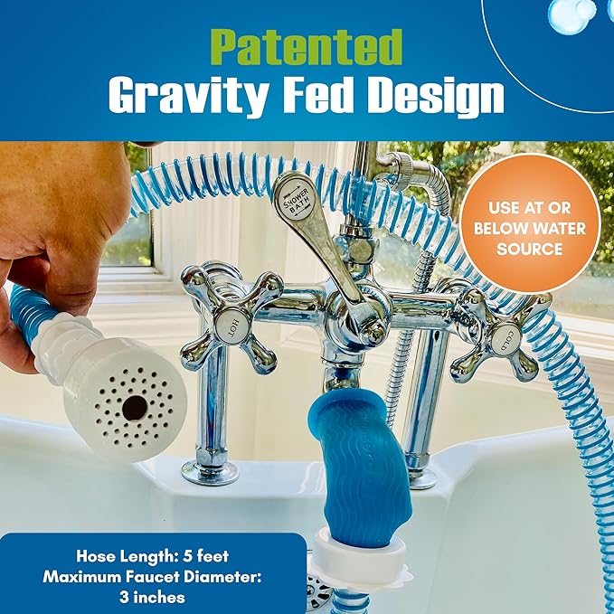 Rinseroo Slip-On Bathtub Faucet Sprayer Attachment. Ultra-Flex Dog Shower Adapter Portable With Pet Showerhead. Attach to Tub Spout 5 Foot Hose. No Install for Speedy Washing