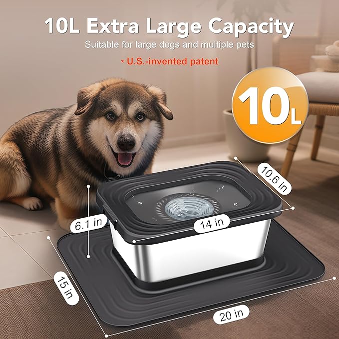 Decflow 10L Stainless Steel Dog Water Bowl, No Spill Anti-Splash Dog Bowls with XXL Silicone Mat, Spill-Proof Slow Feeder for Messy Drinkers, Heavy Duty Pet Bowls for Indoor/Outdoor Use Black