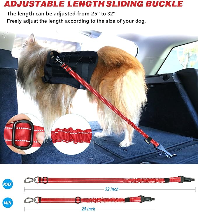 AUBELL Dog Seat Belt for Car,Updated 3-in-1 Adjustable Reflective Bungee Heavy Duty Dog Car Harness Tether with Clip Hook Latch & Buckle,Swivel Zinc Alloy Carabiner,Red