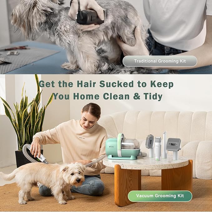 Afloia 6-in-1 Dog Grooming Kit, Pet Grooming Vacuum for Shedding, Dog Hair Vacuum with Clipper Nail Trimmer Grinder, Pet Brush Groomer at Home, Low Noise Cats Hair Remover, 1.5L Dust Cup, Green