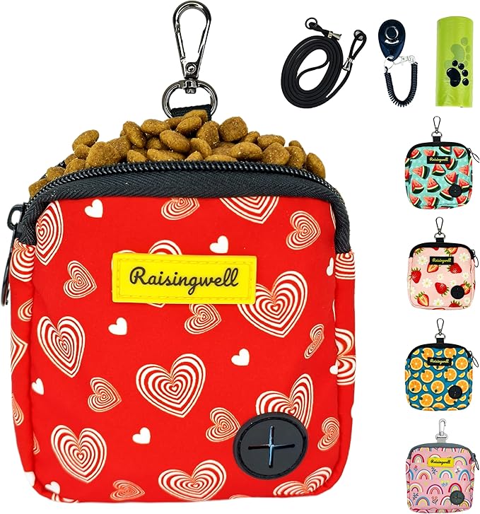 Dog Treat Pouch for Pet Walking and Training with Clicker Poop Bags Small Fanny Zipper Pack Holder for Puppy Snack Dispenser Kit for Leash and Outdoor Use (Valentine)