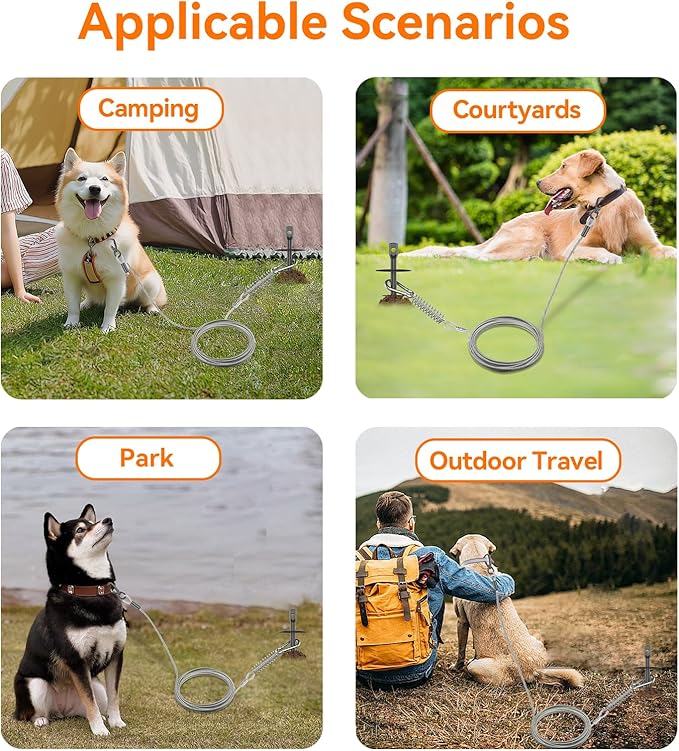 Heavy Duty 30FT Dog Tie Out Cable and Stake，360°Swivel Screw in Spike Auger Ground Stake Anchors for Large Medium Medium up to 220 lbs，Dog Outside Lead Cable for Yard, Lawn Beach, Camping