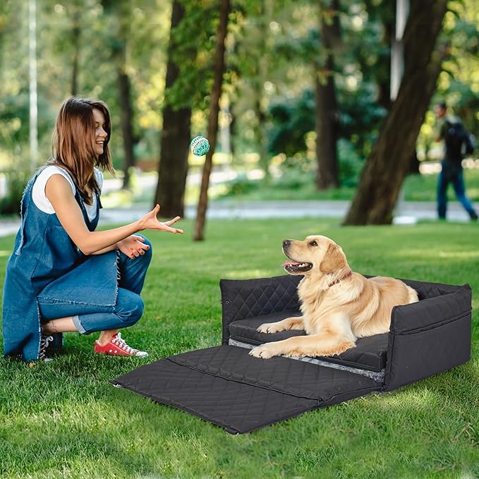 Dog Car Seat for Large/Medium Pet, Anti Slip Bottom Dogs Booster Seat for All Seasons,Pet Travel Bed with Thick Dog Sofa Cushion,2 Safety Leashes(Black)