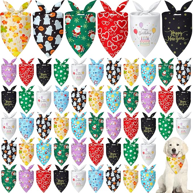 Weewooday 50 Pcs Holiday Dog Bandanas Bulk Dog Bandanas for Fall Autumn Halloween Christmas Soft Bibs Adjustable Triangle Bandana for Small Medium Large Costume (25.6 x 17.7 x 17.7 Inch)