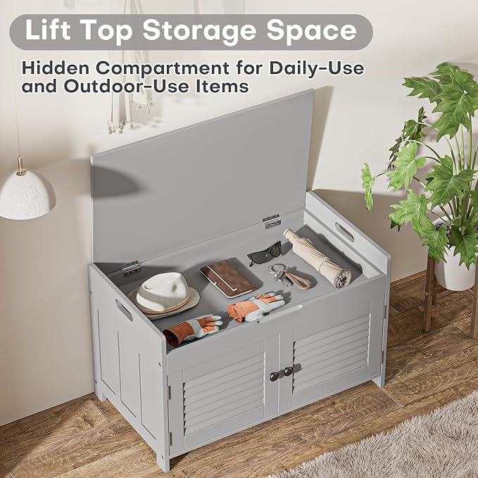 Shoe Storage Bench with Lift Top Storage, Entryway Bench with Cushioned Seat, Adjustable Shelf, 2 Tier Shoe Rack with Doors for Entryway, Bedroom, Hallway, Mudroom, Grey