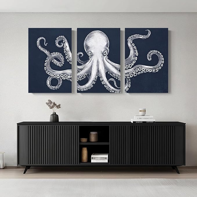 Octopus Wall Decor, Octopus Canvas Wall Art, Ocean Wall Decor,Sea Animal Canvas to Paint for Bathroom, Living Room, Bedroom (12" x 18" x 3 pcs)