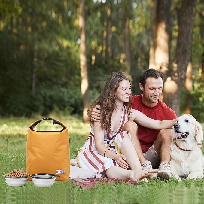 Dog Food Travel Bag w/2PCS Collapsible Dog Travel Bowls,dog food storage container 20 lb(Yellow, Large)