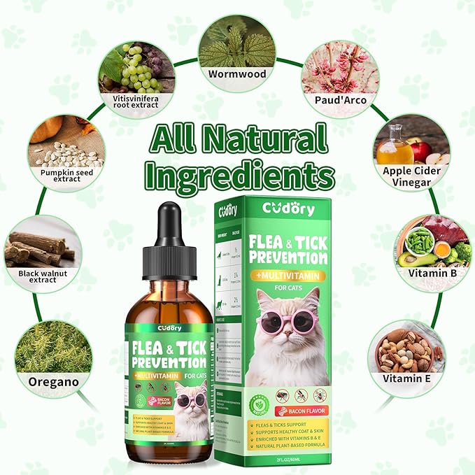 Flea & Tick Support for Cats – Natural Herbal Drops with Multivitamin – Fleas and Ticks Comfort Formula for Cat All Breeds & Ages – Bacon Flavor