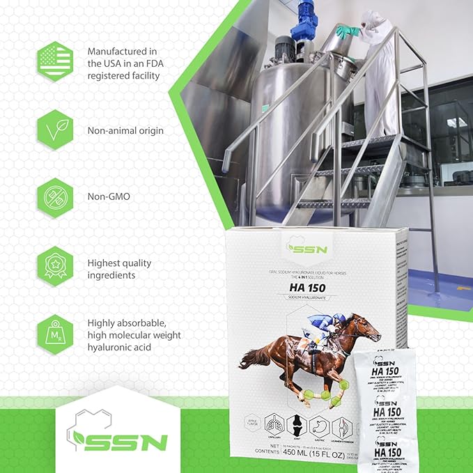 SSN HA 150 - 4 In 1 Horse Supplement - 60 Servings - Equine Joint, Gastric, Ligament/Tendon, Lung Capillary Health - Glucosamine Alternative - (60 Pack, 150mg Sodium Hyaluronate per Serving)