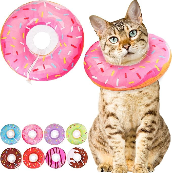 Cat Cone Collar Soft, Cute Cat Donut Collar After Surgery, Adjustable Kitten Recovery Cones to Stop Licking, Lightweight Neck Elizabethan Collars for Cats Kittens (Pink, Medium)